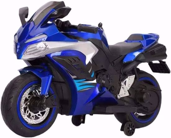 صورة @@دراجة سباق يدوية R6 تعمل بالبطارية للاطفال مع موسيقى ومصابيح LED وعجلات داعمة، دراجة كهربائية للاطفال من عمر 2.5 الى 8 سنوات (ازرق)