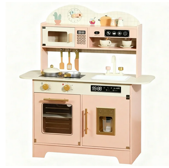 Picture of JoyStone Wooden Play Kitchen Set, Pretend Kitchen Toy with Ice Maker, Stove, Oven, Sink, Accessories, Modern Style Kitchen Playset for Kids and Toddlers , Pink