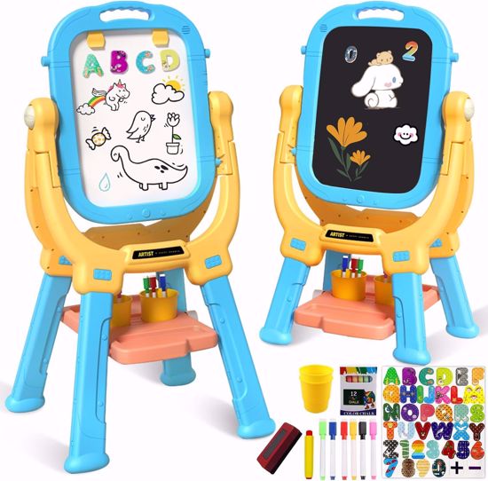 صورة 334/حامل رسم للأطفال، لوح مسح جاف، لوح رسم مغناطيسي دوار مزدوج الجوانب، حامل قابل للتعديل الارتفاع، حامل فني للأطفال الصغار مع 79 قطعة من اللوازم الفنية، أزرق