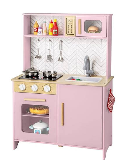 Picture of COSTWAY Kids Play Kitchen, Wooden Pretend Toy Kitchen with Lights & Sounds, Oven, Microwave, Sink, Faucet, Utensils, Children's Chef Role Play Set for Boys Girls (Pink)