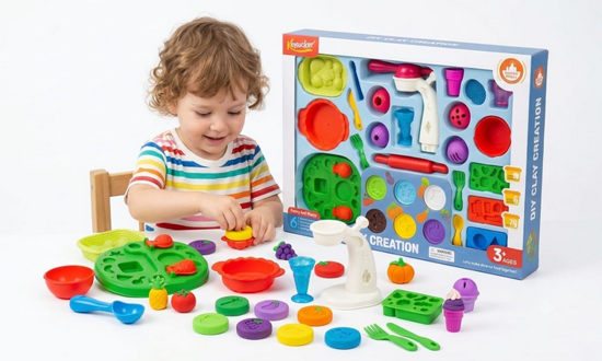 Picture of  Keylucker DIY Clay Creation Dessert Salon – 29-Piece Modeling Dough Ice Cream & Cake Maker Station with 6 Vibrant Colors, Extruder Machine, and Play Sundae Dinnerware
