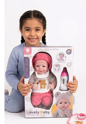 Picture of  LETLONY Lovely Baby ‘Dress & Play’ Nurturing Doll – Open-Eyes Edition with Pink Fuzzy Bear Outfit, Hat, and Feeding Bottle