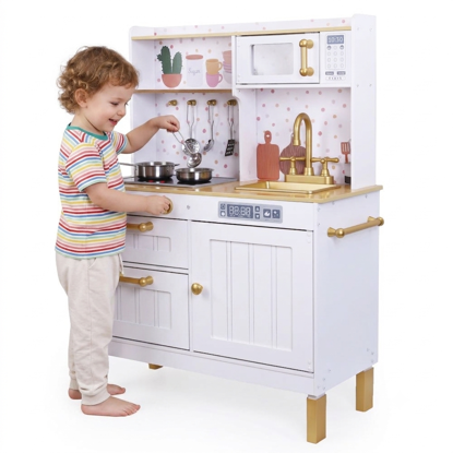 Picture of Kids House Kitchen White and Gold: Cocina de Juguete de Madera para Niñas con Detalles Dorados, Incluye 4 Utensilios para Cocinar, Microondas, Fregadero y...