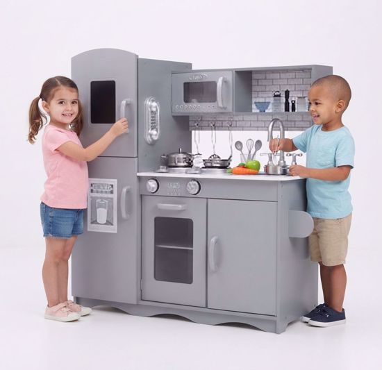Picture of  GALACTICA Wooden Pretend Play Kitchen with Utensil Toys for Kids Boys Girls Children's Cooking Role Play Set Game Gift WW-PK-04 Grey 