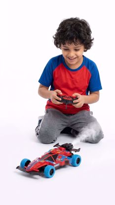 Picture of 506/Red and blue superhero-inspired remote-controlled (R/C) racing car with a spray feature.