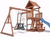 Picture of 507/A comprehensive wooden garden playset for children, featuring an elevated playhouse with a wooden roof, a blue wavy slide, a climbing wall, and various swings (a standard swing, a double swing, and a trapeze bar).